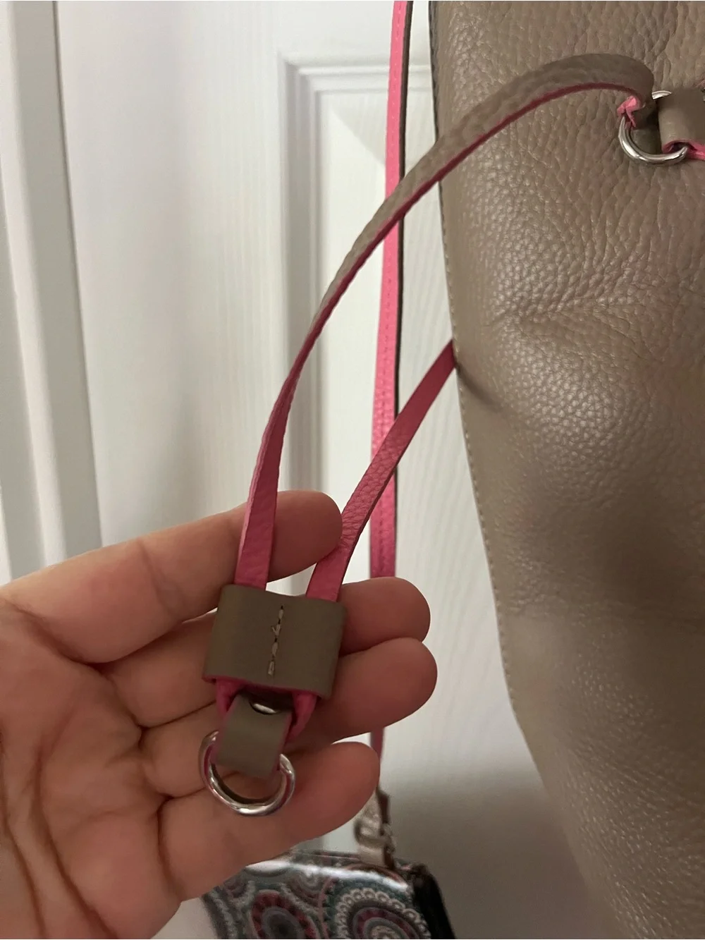 LODIS Bliss Taupe/Tan/Brown Pebbled Leather Tote, Pink Trim, approx 17”wx12”h